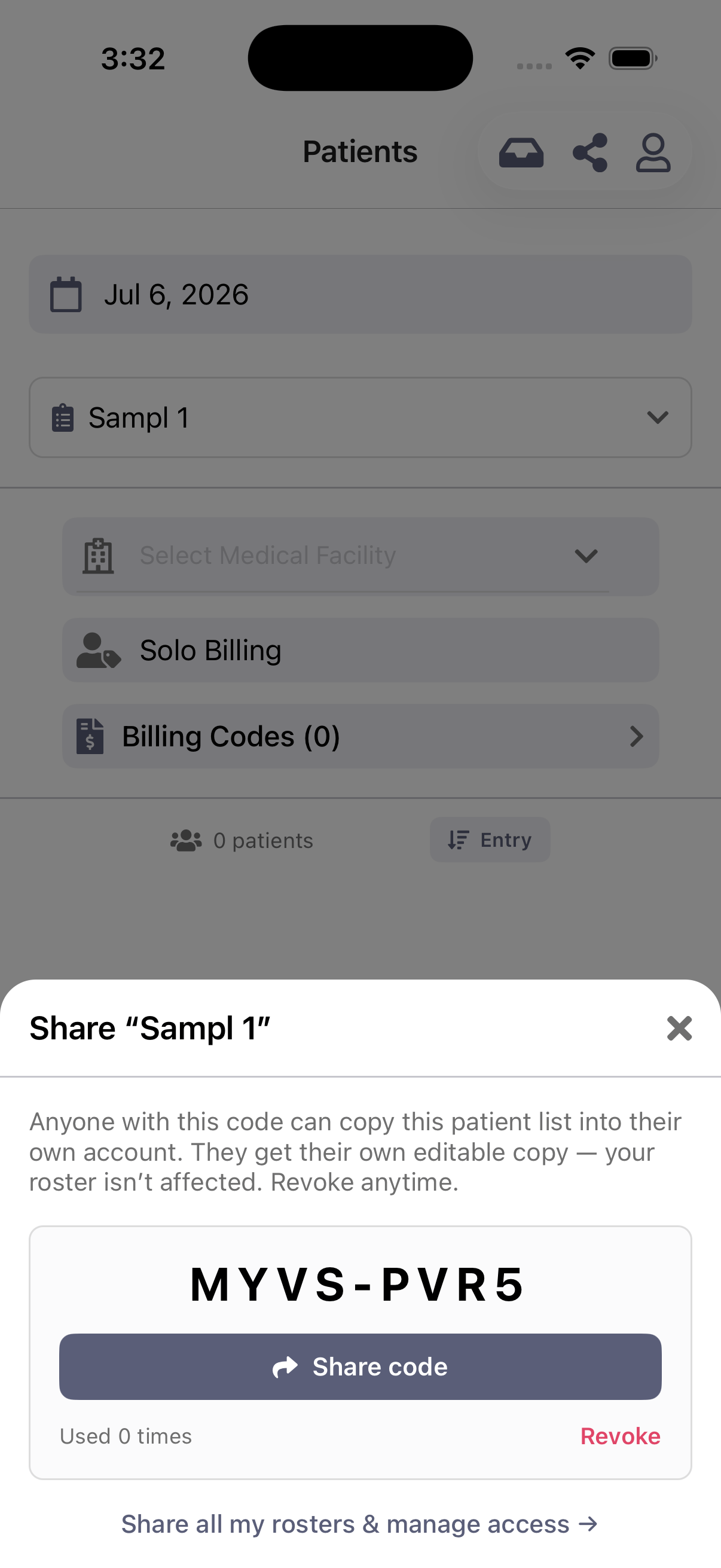 The generated share code ready to copy and send