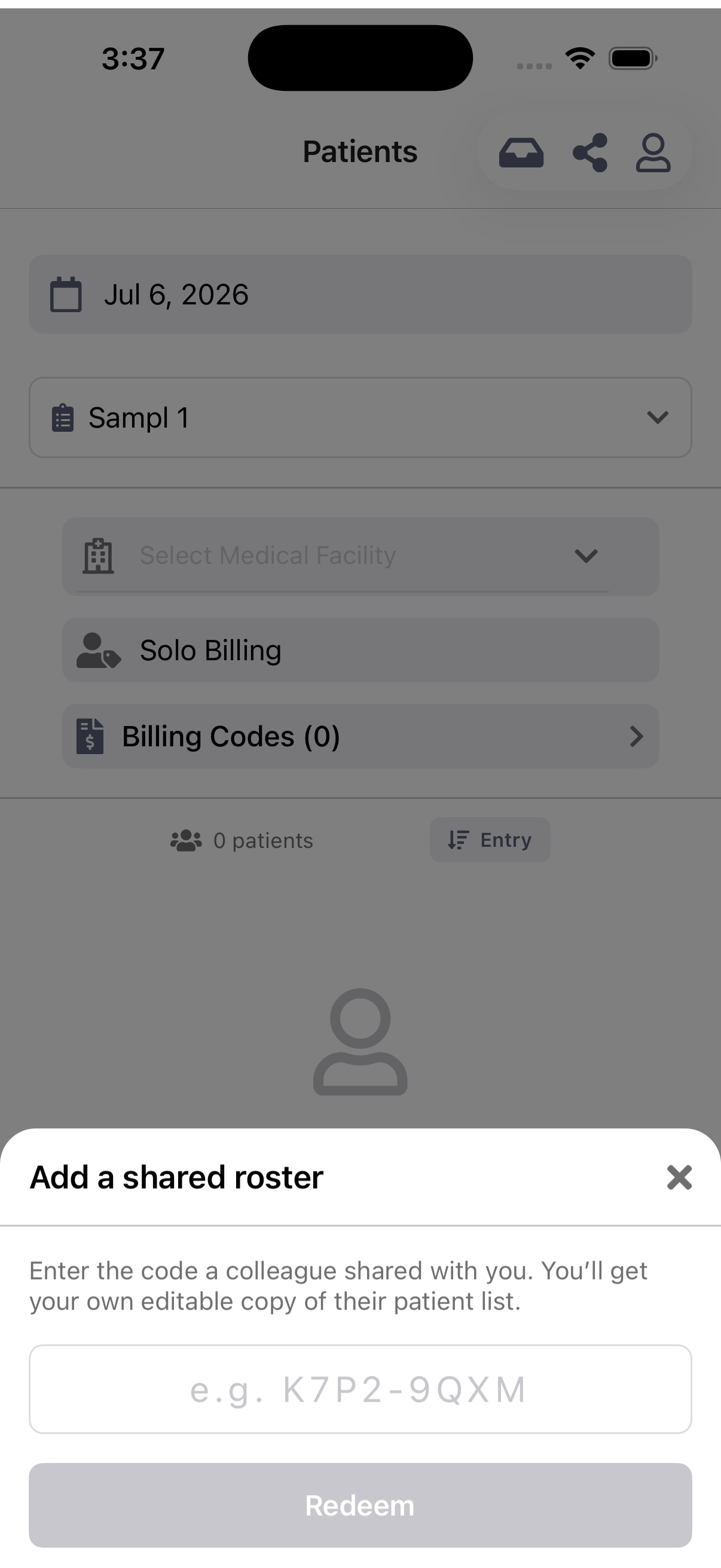 Add a shared roster sheet with a code entry field and a Redeem button