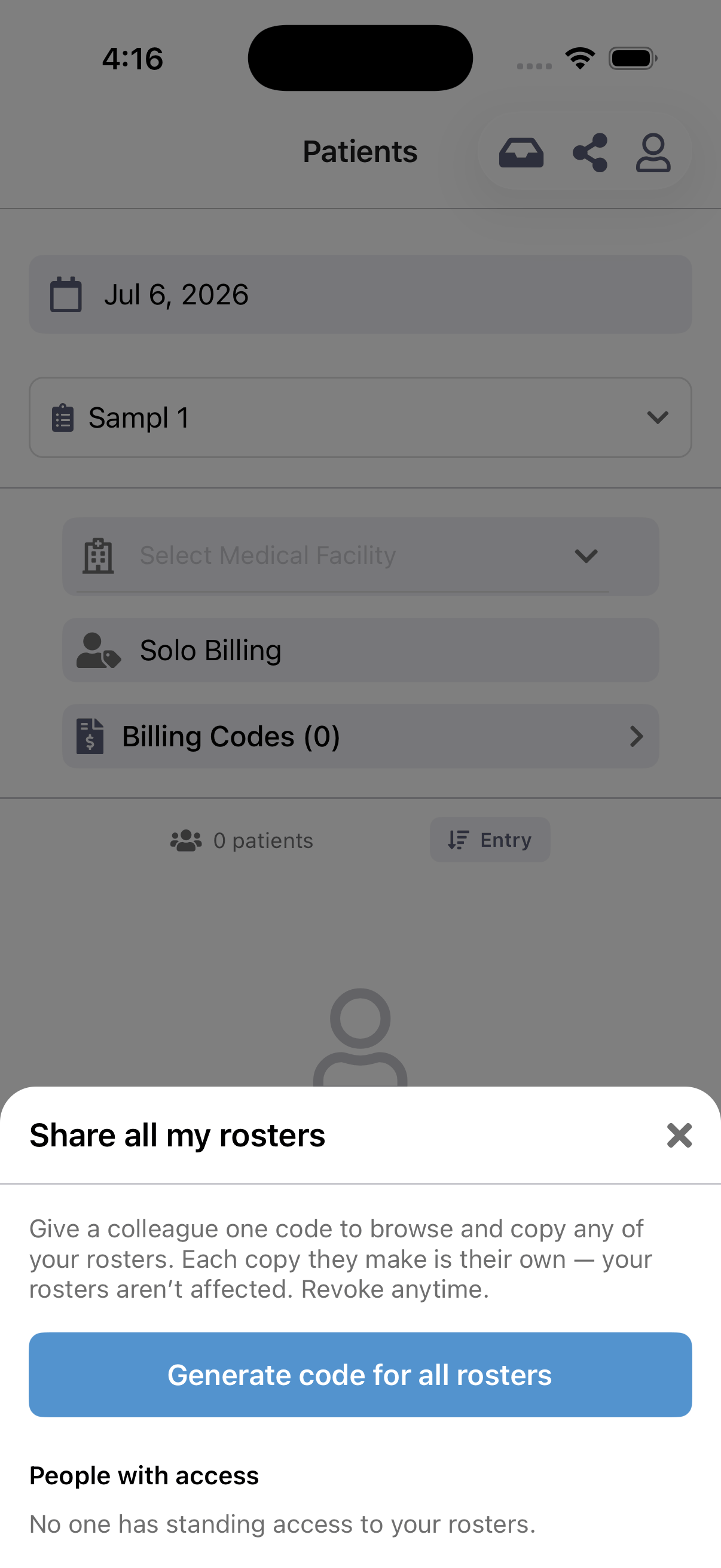 The manage sharing screen showing active share codes and access grants with the option to revoke