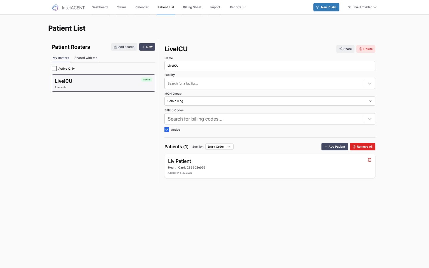 A selected roster's detail view with Share and Delete buttons in the top-right