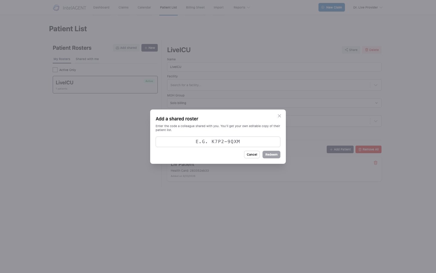 Add a shared roster dialog with a code entry field and Cancel and Redeem buttons