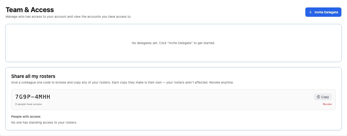 The Team & Access settings page with a Share all my rosters code, Copy and Revoke, and a People with access list