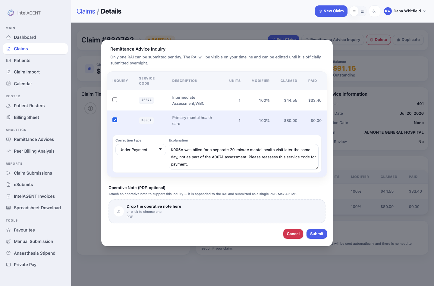 The Remittance Advice Inquiry dialog listing both service codes with claimed and paid amounts, the K005A line ticked, correction type set to Under Payment, and an explanation typed underneath