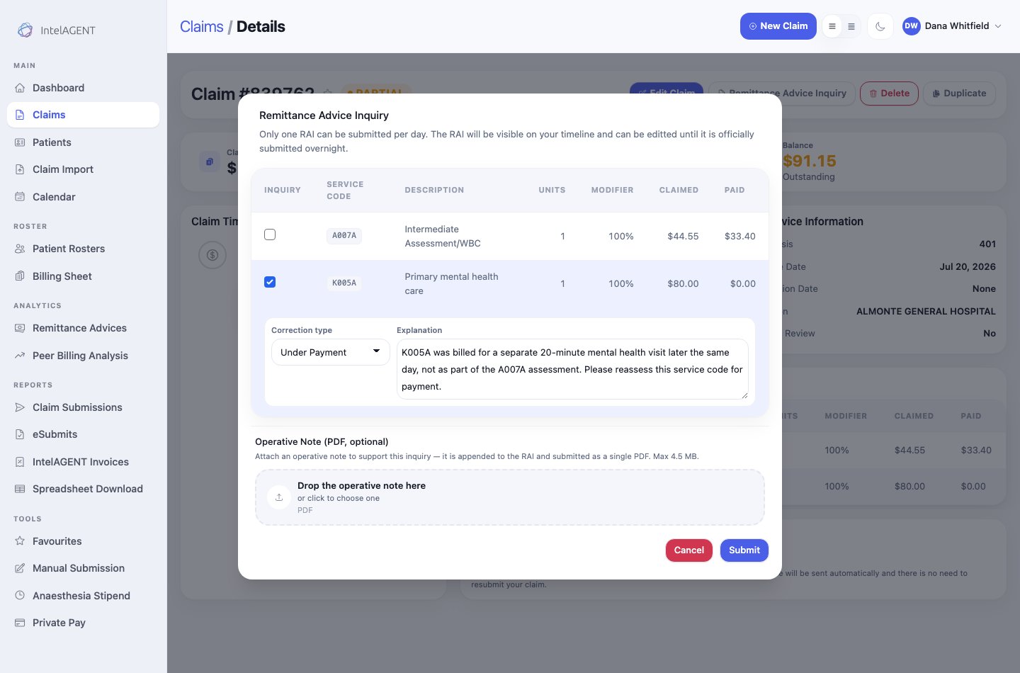 The Remittance Advice Inquiry dialog listing both service codes with claimed and paid amounts, the K005A line ticked, correction type set to Under Payment, and an explanation typed underneath