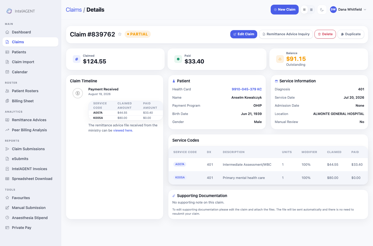 Claim detail screen showing claimed $124.55, paid $33.40, an outstanding balance of $91.15, and a payment received entry on the claim timeline