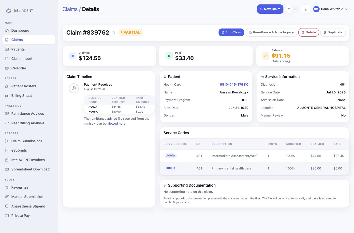 Claim detail screen showing claimed $124.55, paid $33.40, an outstanding balance of $91.15, and a payment received entry on the claim timeline