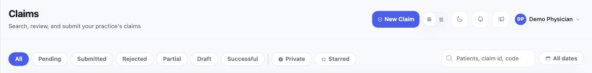 The Claims page header in the web portal with the New Claim button at the top right