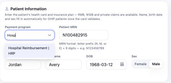 The Payment program dropdown filtered to the Hospital Reimbursement HRP option