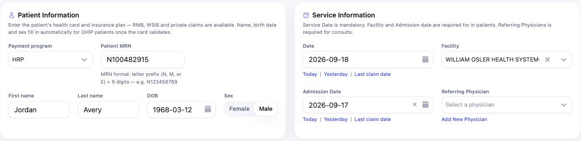 Patient Information and Service Information cards filled in for an HRP claim, showing Patient MRN, demographics, service date, William Osler facility, and admission date