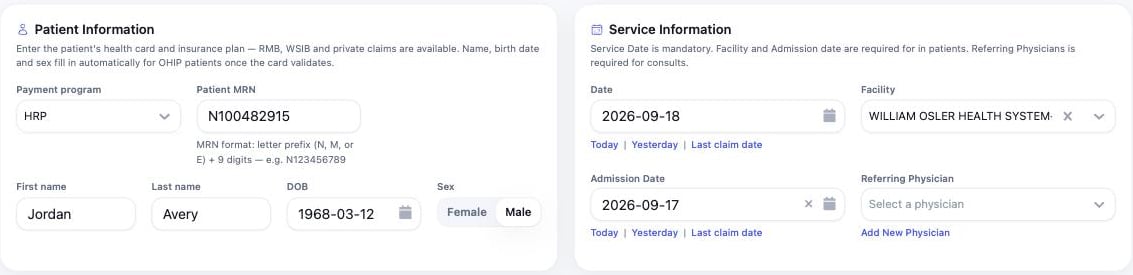 Patient Information and Service Information cards filled in for an HRP claim, showing Patient MRN, demographics, service date, William Osler facility, and admission date
