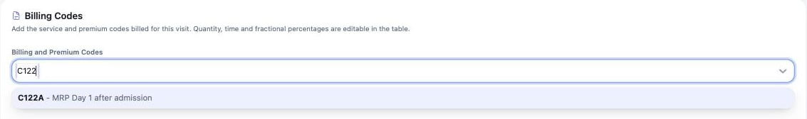The Billing and Premium Codes search field showing the matching code C122A, MRP Day 1 after admission