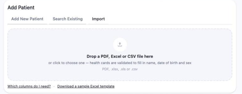 The Import tab of the Add Patient panel, showing an empty drop zone for a PDF, Excel or CSV file