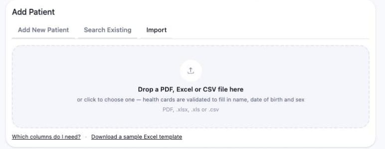 The Import tab of the Add Patient panel, showing an empty drop zone for a PDF, Excel or CSV file