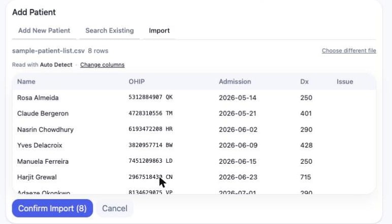 Import preview listing eight patients with name, OHIP number, admission date and diagnostic code