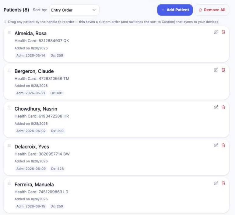 A roster listing eight imported patients, each with health card, admission date and diagnostic code