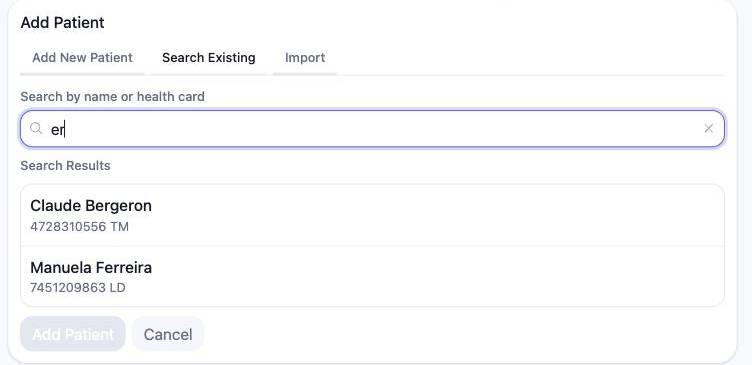 The Search Existing tab with a partial name typed into the search box and two matching patients listed below it