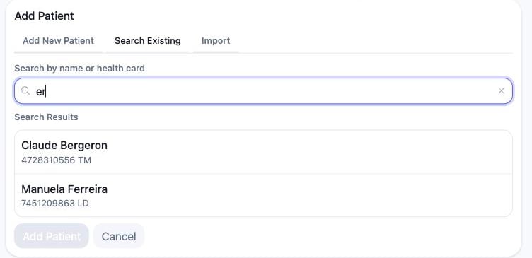 The Search Existing tab with a partial name typed into the search box and two matching patients listed below it