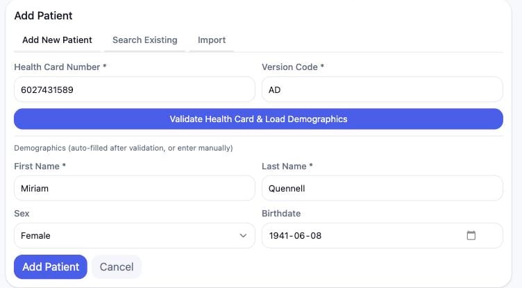 The Add New Patient tab with health card number, version code, first and last name, sex and birthdate filled in