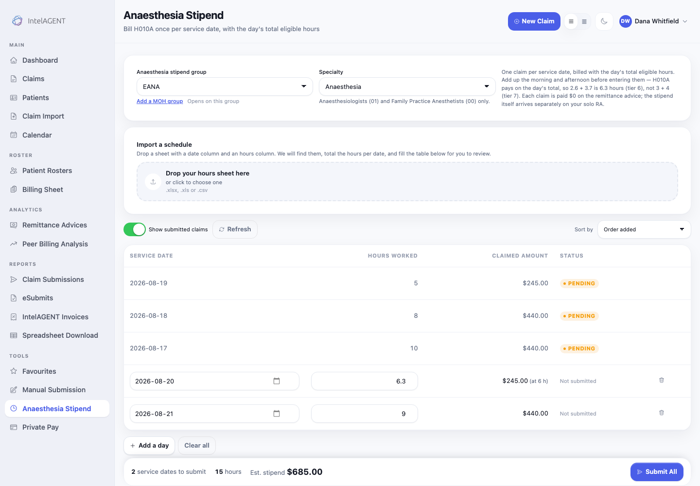 The Anaesthesia Stipend screen: stipend group and specialty at the top, an import panel, then a table of submitted claims above two new rows being entered, with the estimated stipend total at the bottom