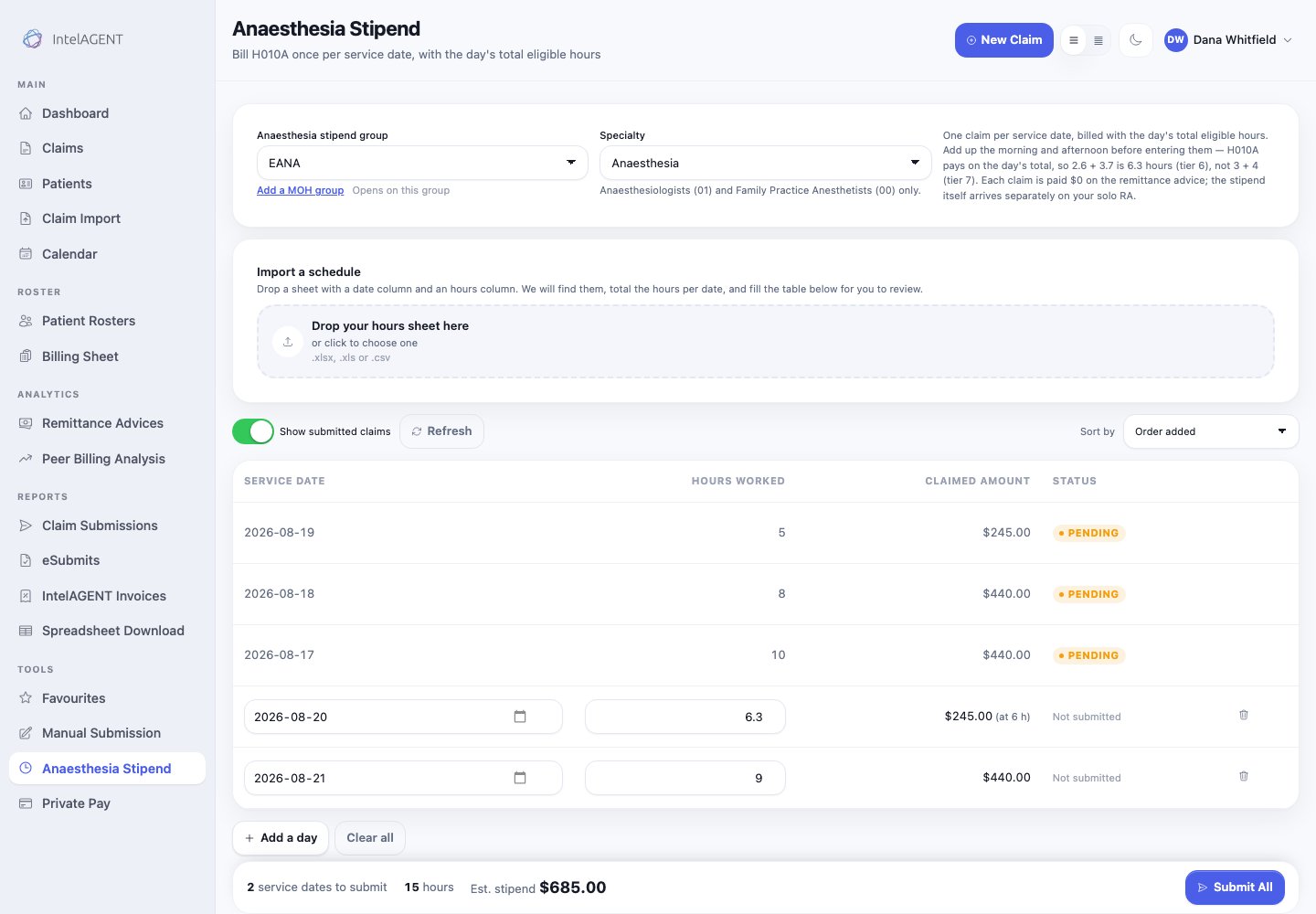 The Anaesthesia Stipend screen: stipend group and specialty at the top, an import panel, then a table of submitted claims above two new rows being entered, with the estimated stipend total at the bottom