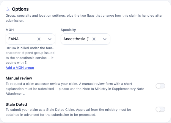 The Options panel with MOH set to EANA, Specialty set to Anaesthesia, and a note explaining that H010A is billed under the four-character stipend group beginning with E