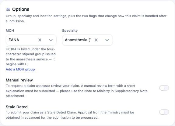 The Options panel with MOH set to EANA, Specialty set to Anaesthesia, and a note explaining that H010A is billed under the four-character stipend group beginning with E