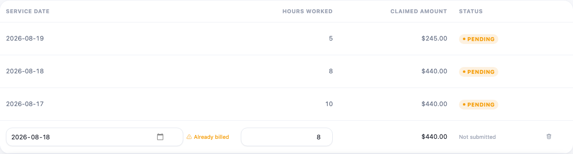 The sheet's table with three submitted claims marked PENDING above a new row for a date already billed, flagged Already billed