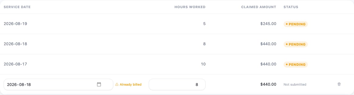 The sheet's table with three submitted claims marked PENDING above a new row for a date already billed, flagged Already billed