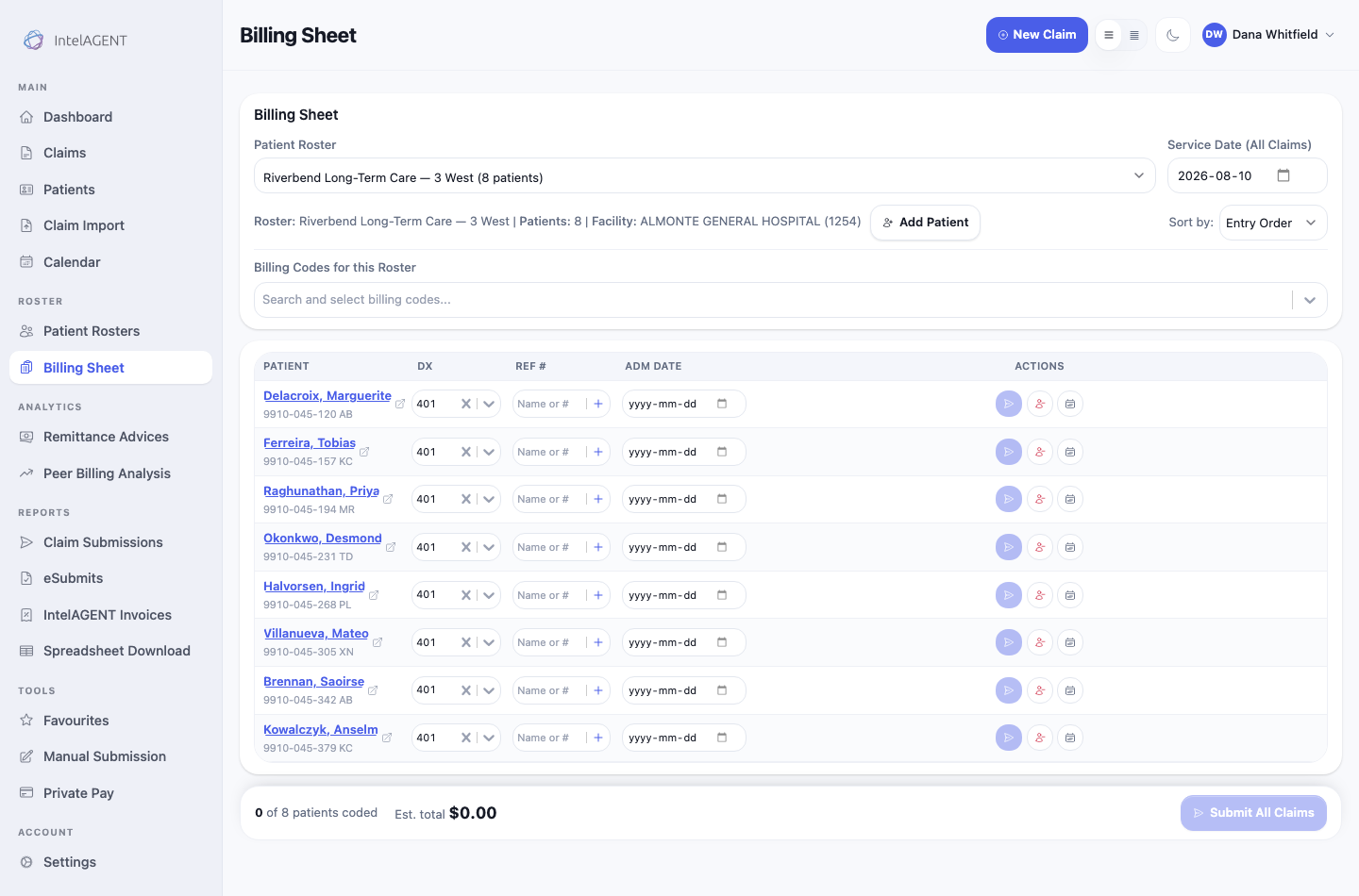 The billing sheet with eight roster patients listed, each with a diagnosis, referring physician and admission date field