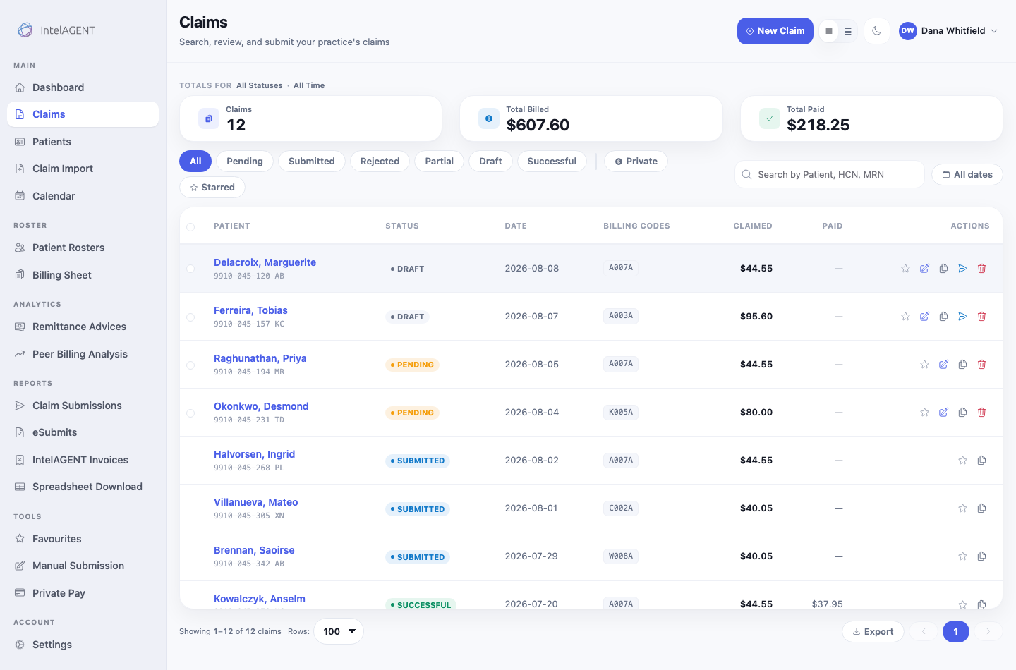 The Claims screen showing claims across draft, pending and submitted statuses with totals above