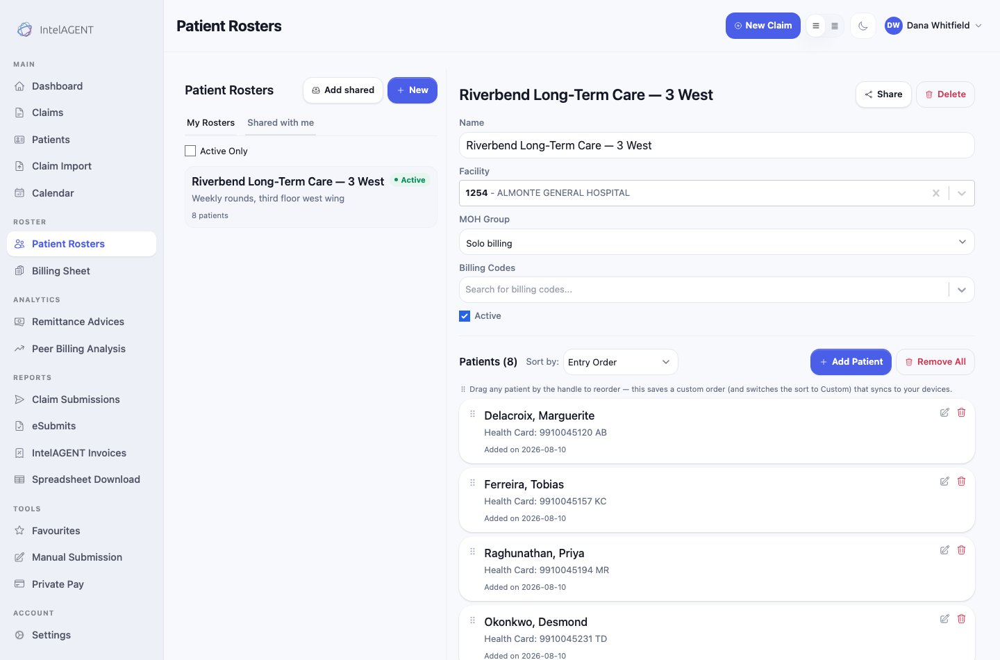 A patient roster showing its name, facility, MOH group and billing code defaults above a list of eight patients