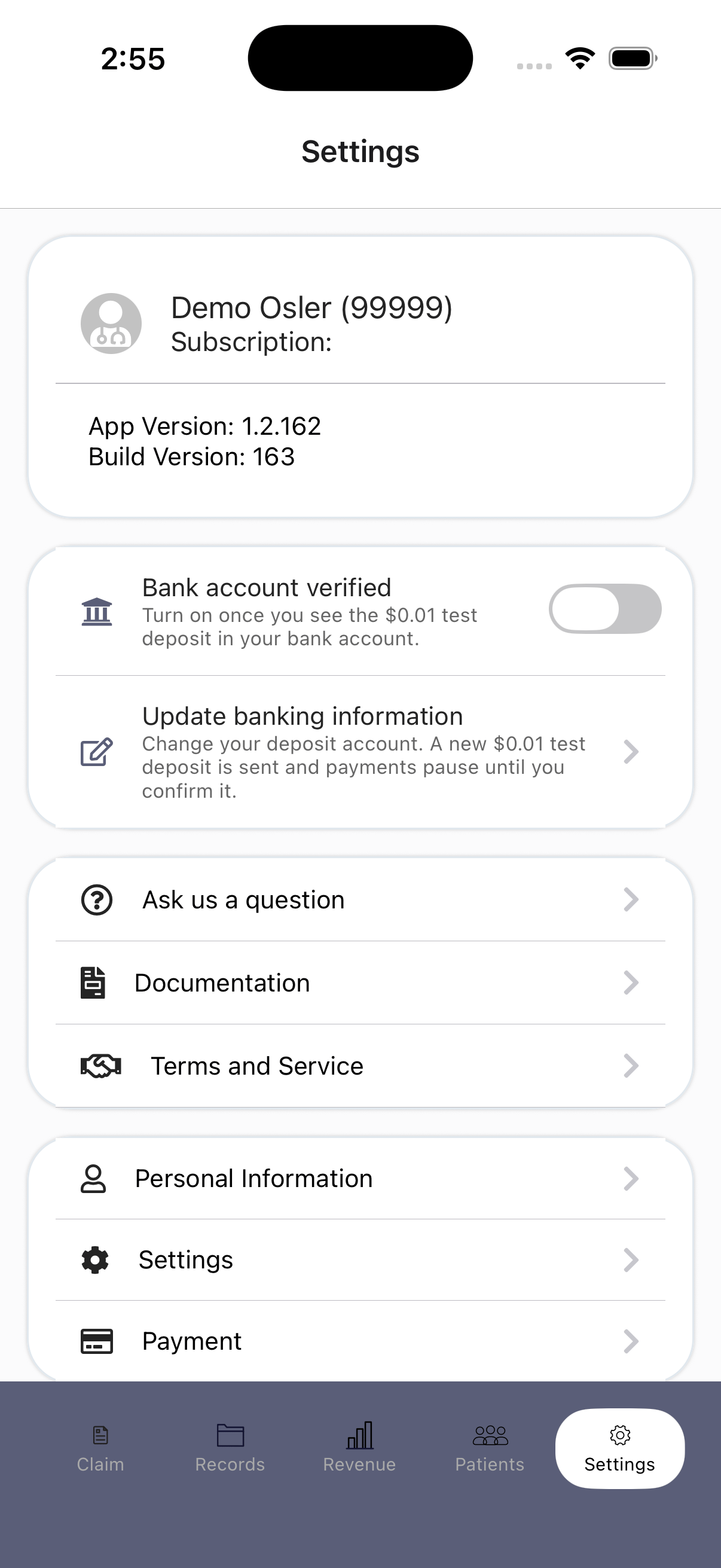 The mobile Settings screen with a Bank account verified toggle and an Update banking information row