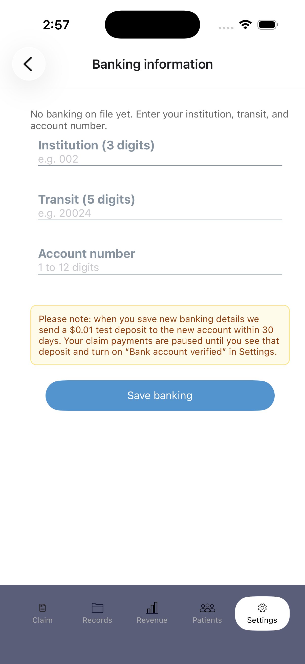 The mobile banking information screen with institution, transit, and account number fields and a Save banking button