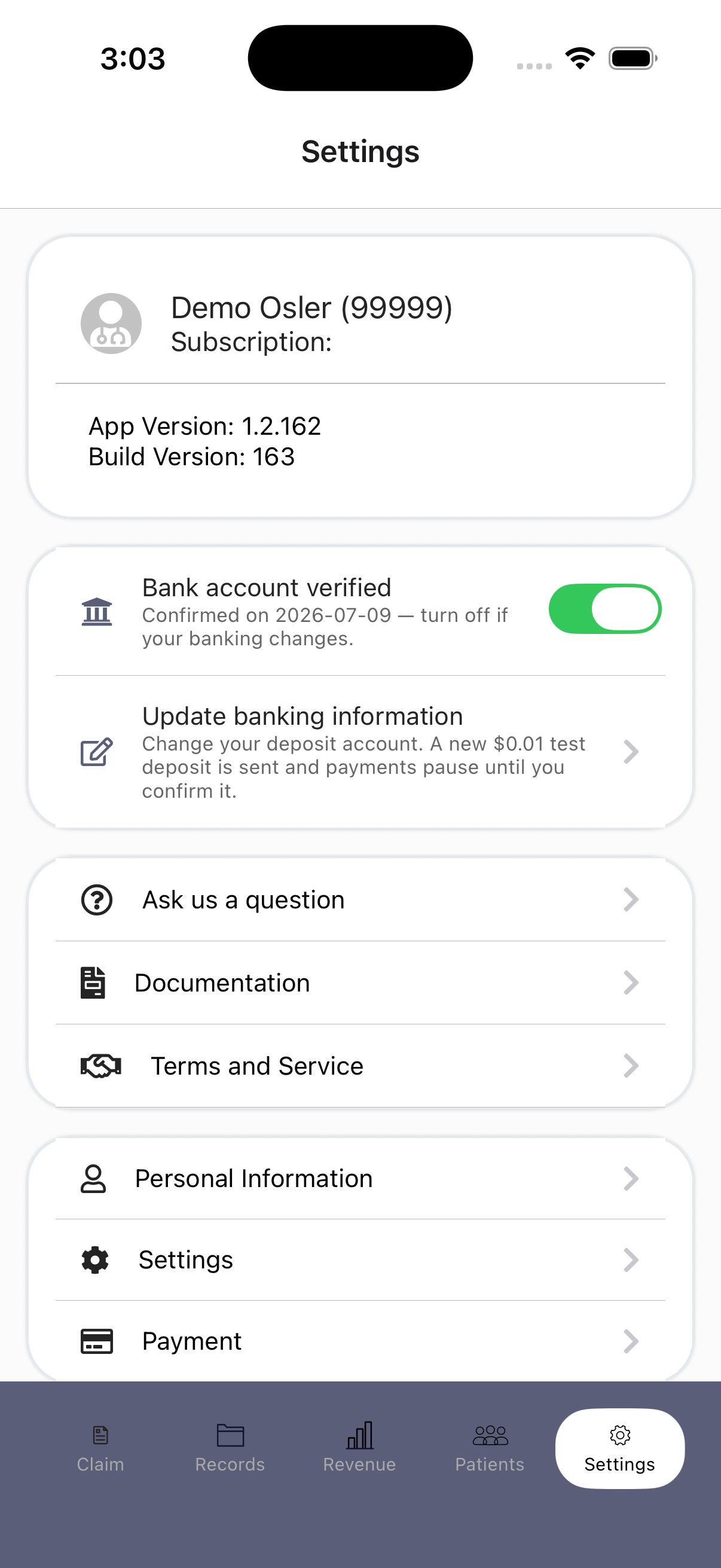 The mobile Settings screen with Bank account verified turned on, showing the confirmation date
