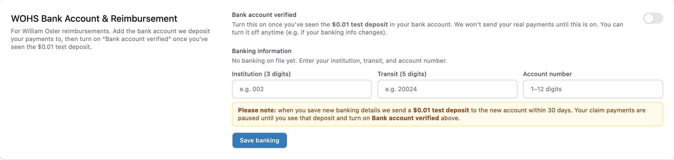 The WOHS Bank Account & Reimbursement section in Settings with an empty banking form and a Bank account verified toggle