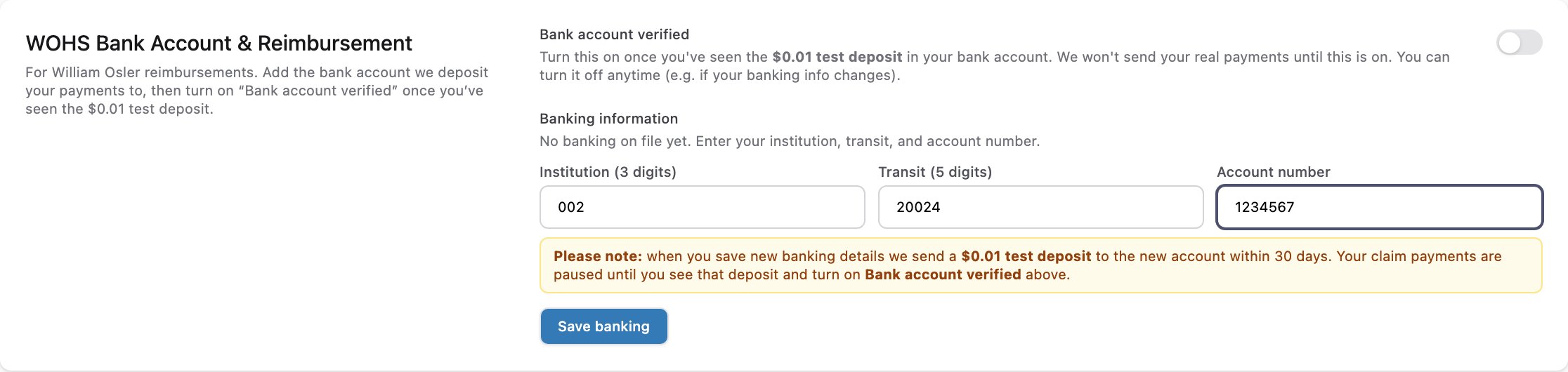 The banking form filled with institution, transit, and account numbers
