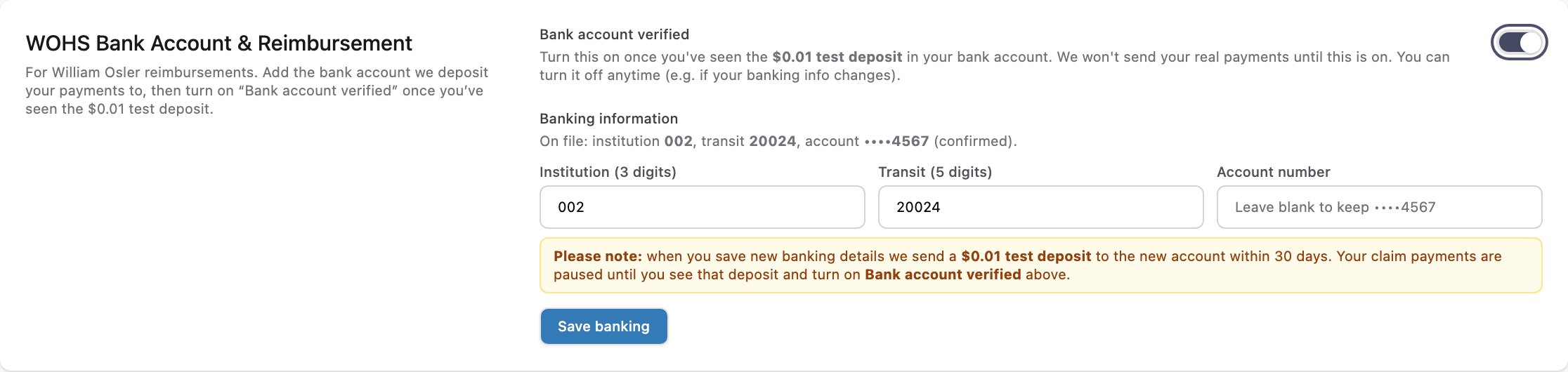 The banking section with Bank account verified turned on and the account confirmed