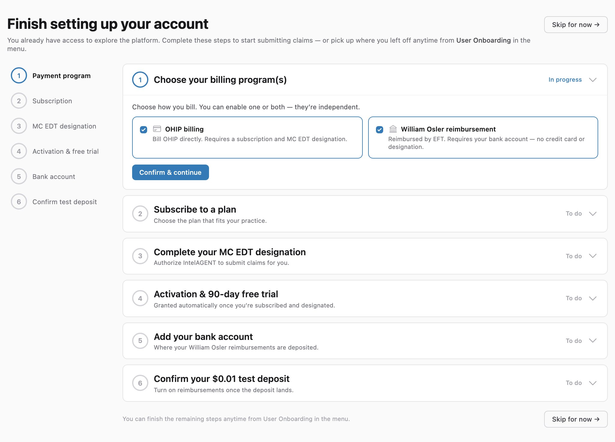 The Choose your billing program(s) step with OHIP billing and William Osler reimbursement options