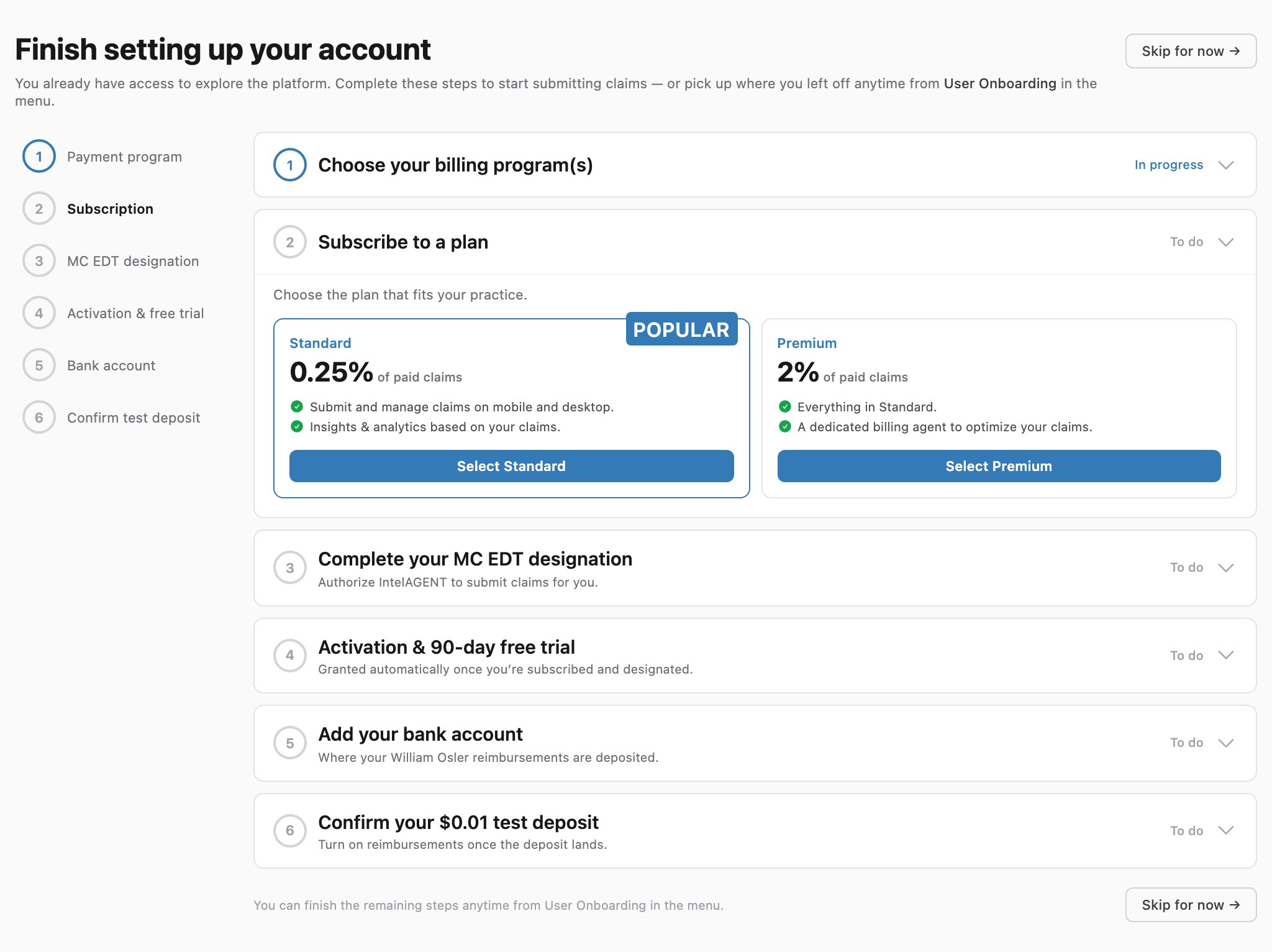 The Subscribe to a plan step showing the Standard and Premium plan options