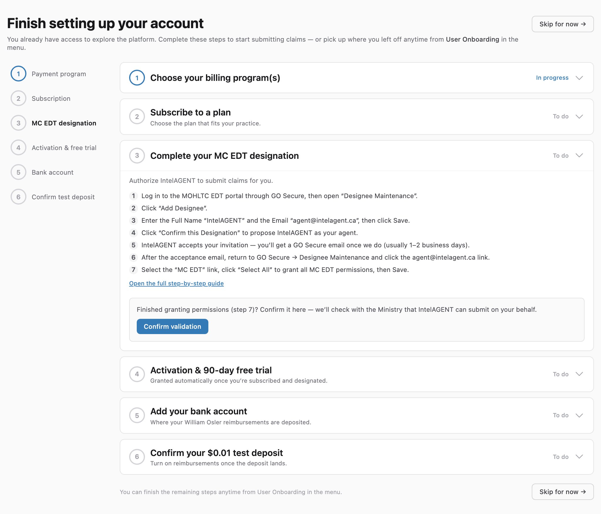 The MC EDT designation step listing the seven GO Secure steps and a Confirm validation button