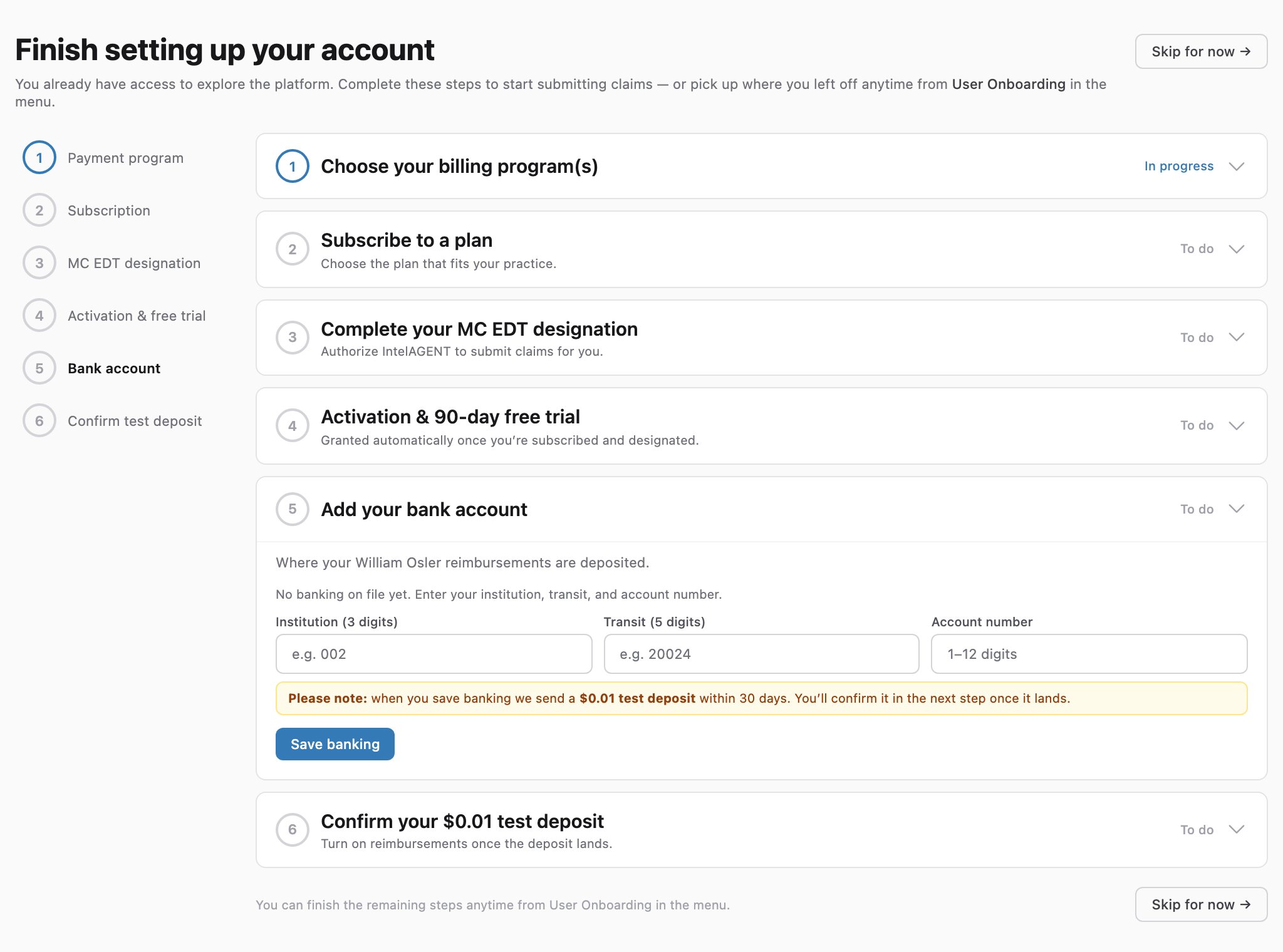 The Add your bank account step with institution, transit, and account number fields
