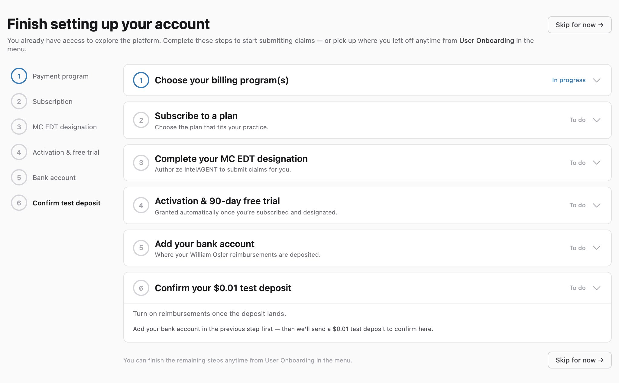 The Confirm your $0.01 test deposit step with a Bank account verified toggle