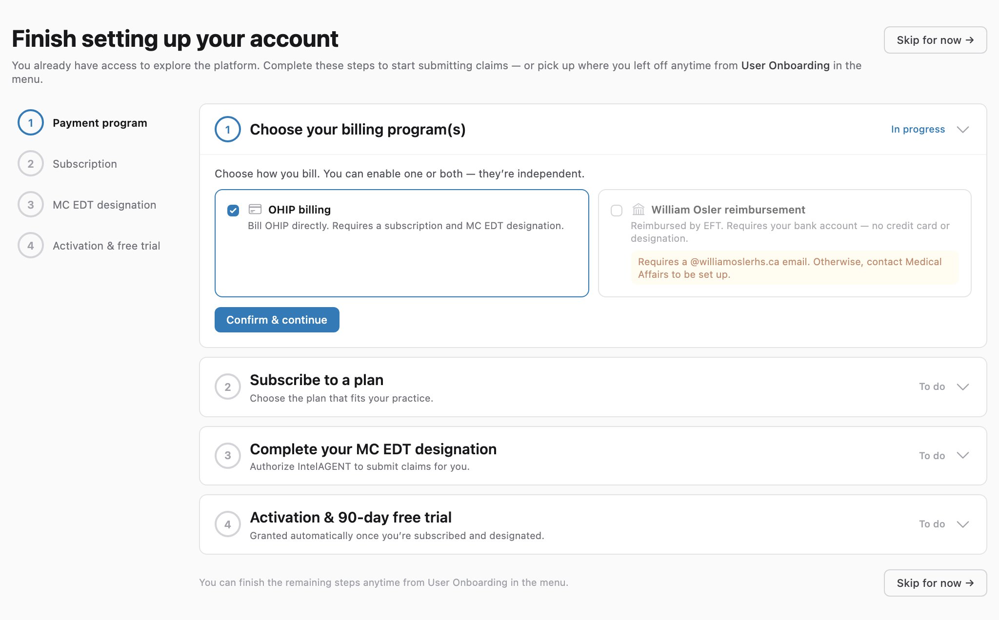 The onboarding wizard showing a numbered step list on the left and the Choose your billing program(s) step open on the right