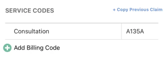 Service codes section showing a consultation billing code A135A with an option to add more codes