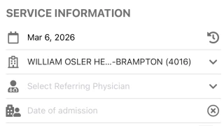 Service information form showing date, facility, referring physician, and date of admission fields