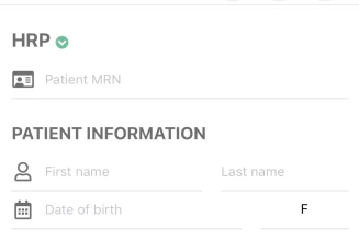 Patient details form showing MRN, first name, last name, date of birth, and sex fields