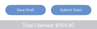 Submit screen showing Save Draft and Submit Claim buttons with the total claimed amount