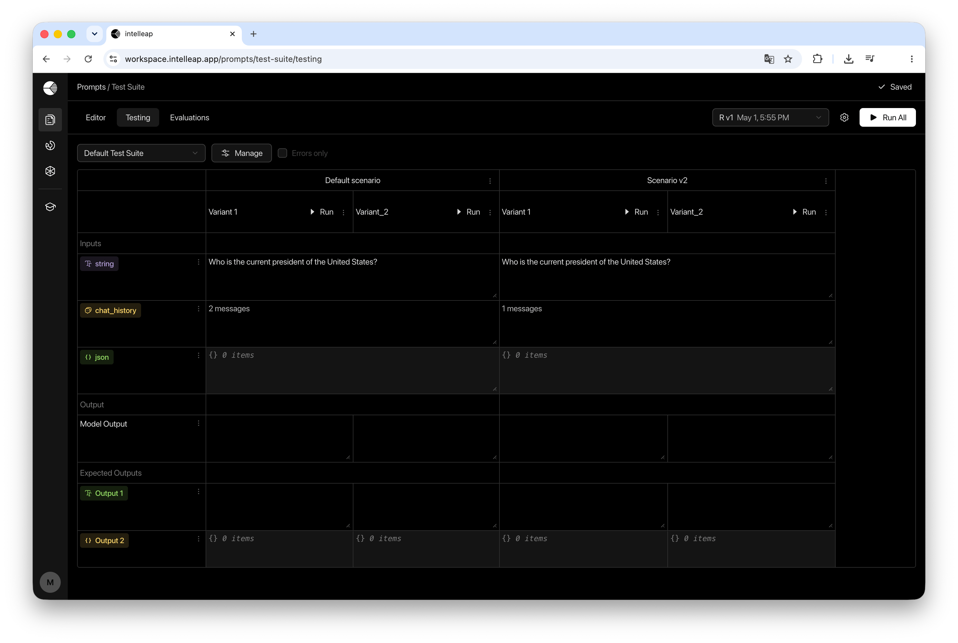 Full Testing screen