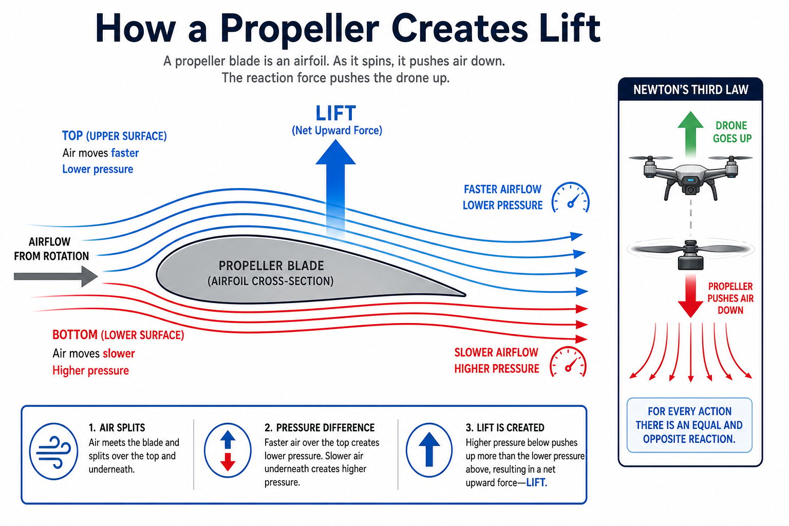 Airfoil cross-section showing air pressure difference creating lift, with Newton's third law inset