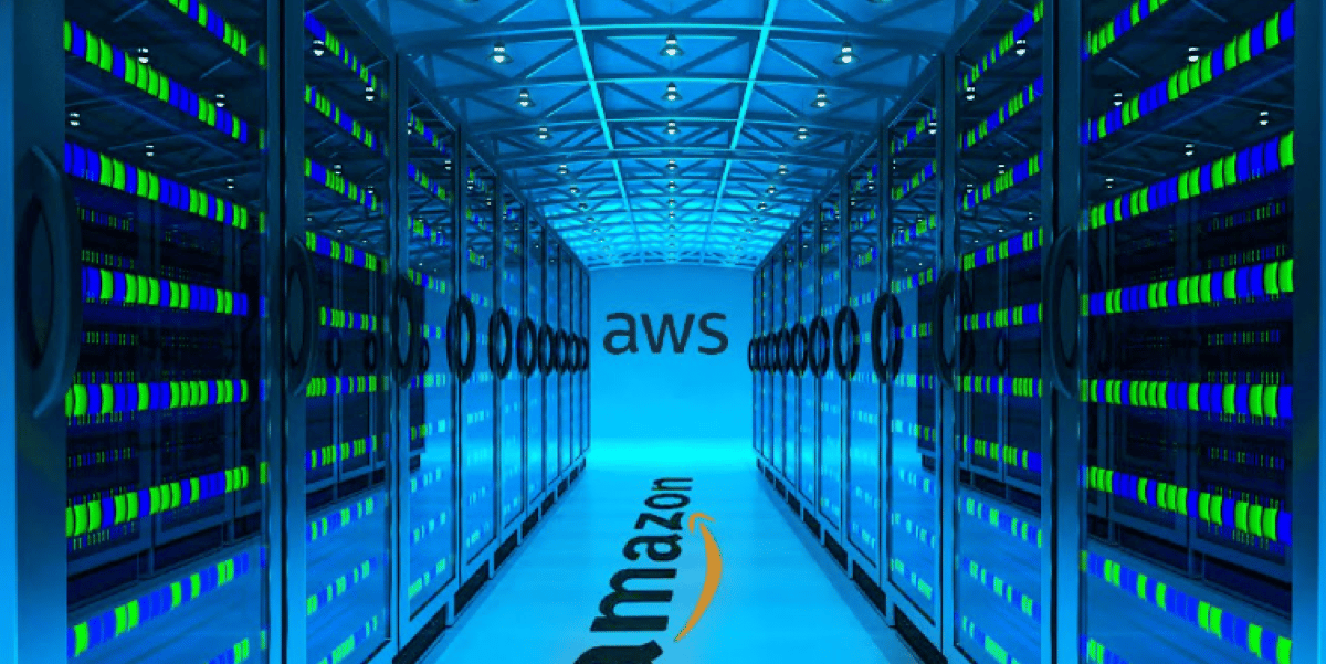 AWS cloud data center with rows of illuminated server racks